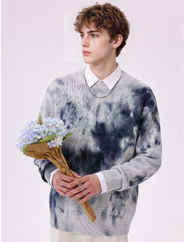 Men's Oversized Knit Sweater with Tie-Dye Look, Round Neck and Ribbed Cuffs Mune Fashion