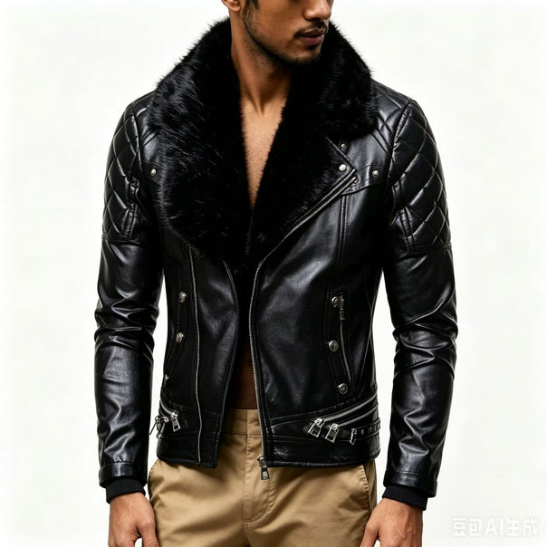 Men's Biker Leather Jacket with Quilted Shoulder, Voluminous Fur Collar and Decorative Zippers Mune Fashion
