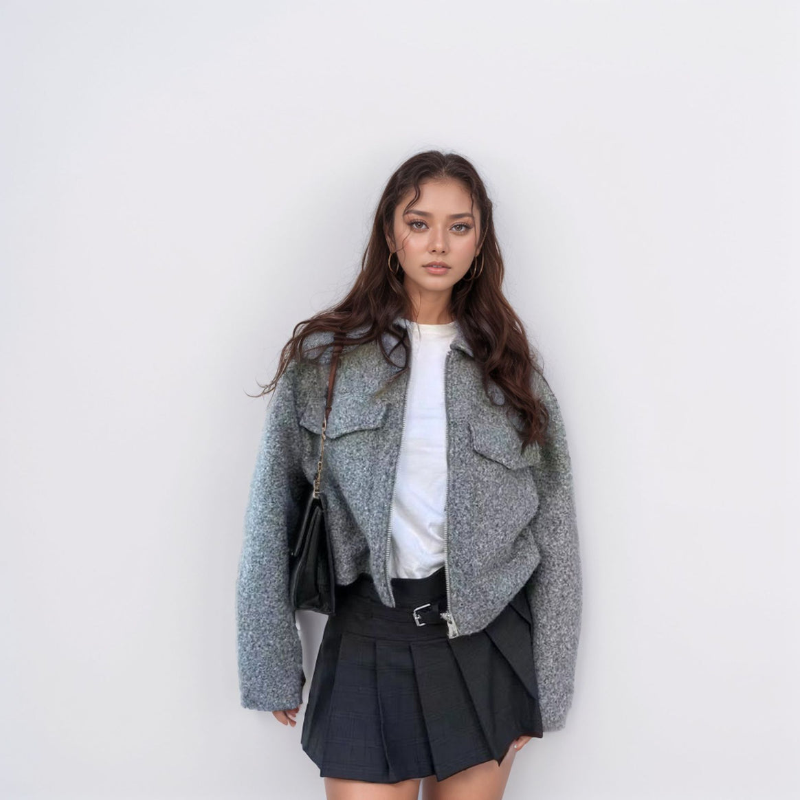 Ladies short jacket made of bouclé wool blend with zipper, shirt collar and chest flap pockets Mune Fashion