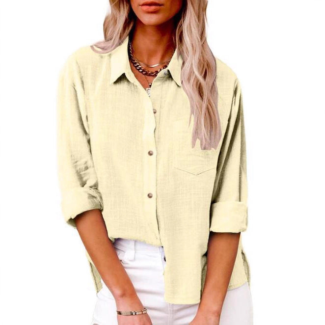 Women's Casual Linen Blouse with Short Sleeves and Button Details Mune