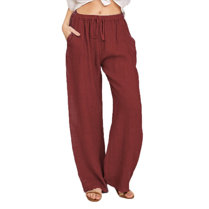Women's Wide Linen Look Pants with Elastic Waistband, Drawstring and Side Pockets Mune Fashion