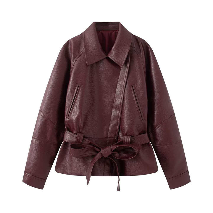 Women's short jacket made of faux leather with a belted waist and shirt collar Mune Fashion