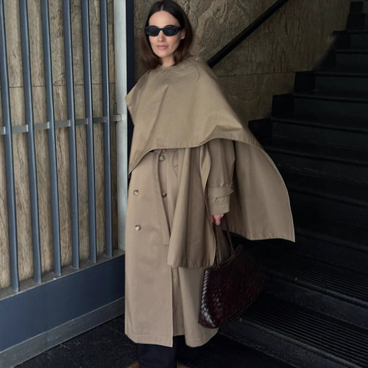 Women's Mid-Length Trench Coat with Poncho-Like Cape Overlay & Boxy Silhouette Mune Fashion