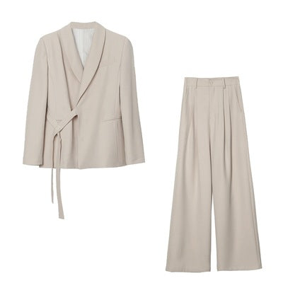 Women's Asymmetric Wrap Blazer Set with Tie Belt and Wide Pleat Pants Mune Fashion