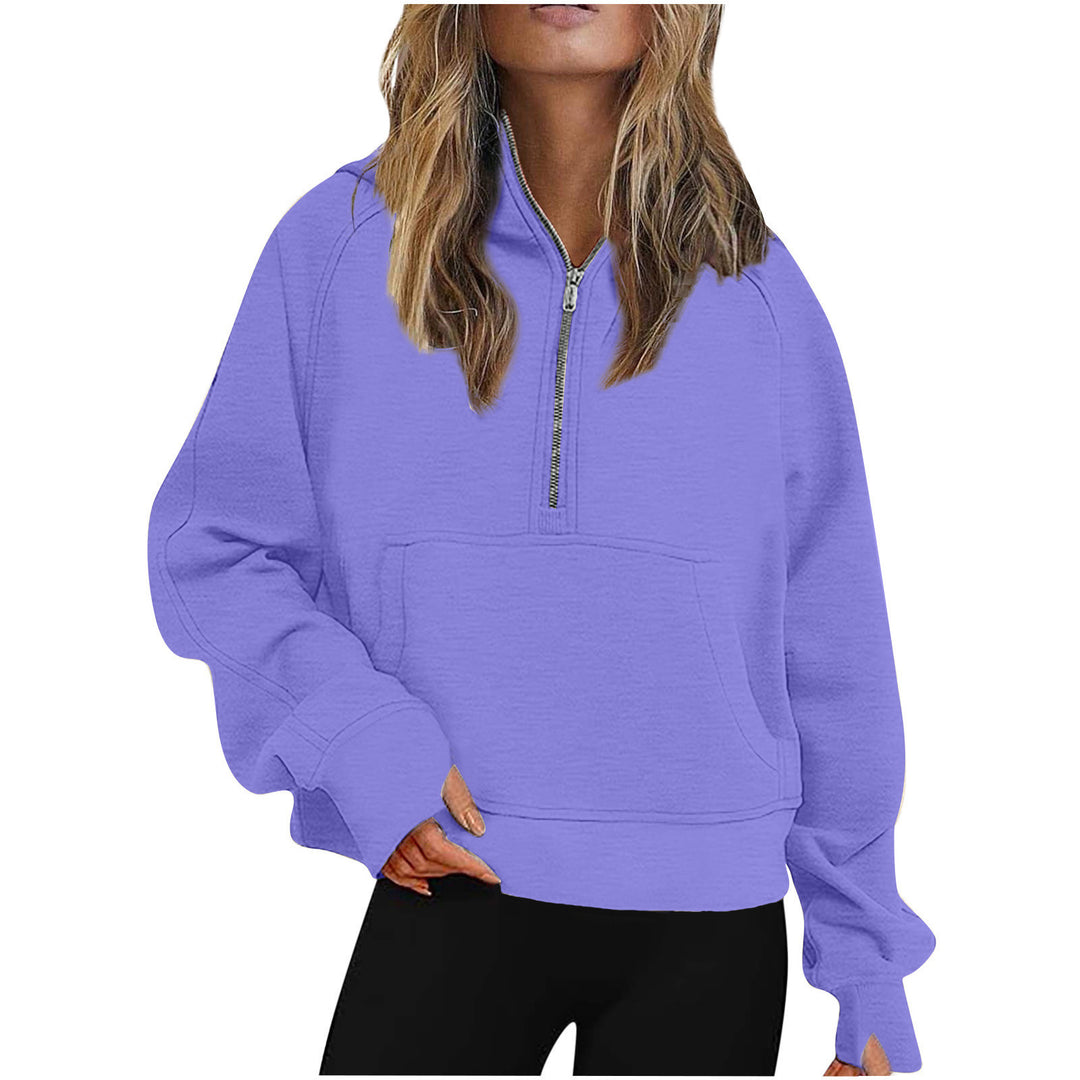 Women Oversize Half-Zip Hoodie with Kangaroo Pocket & Thumb Hole Mune Fashion