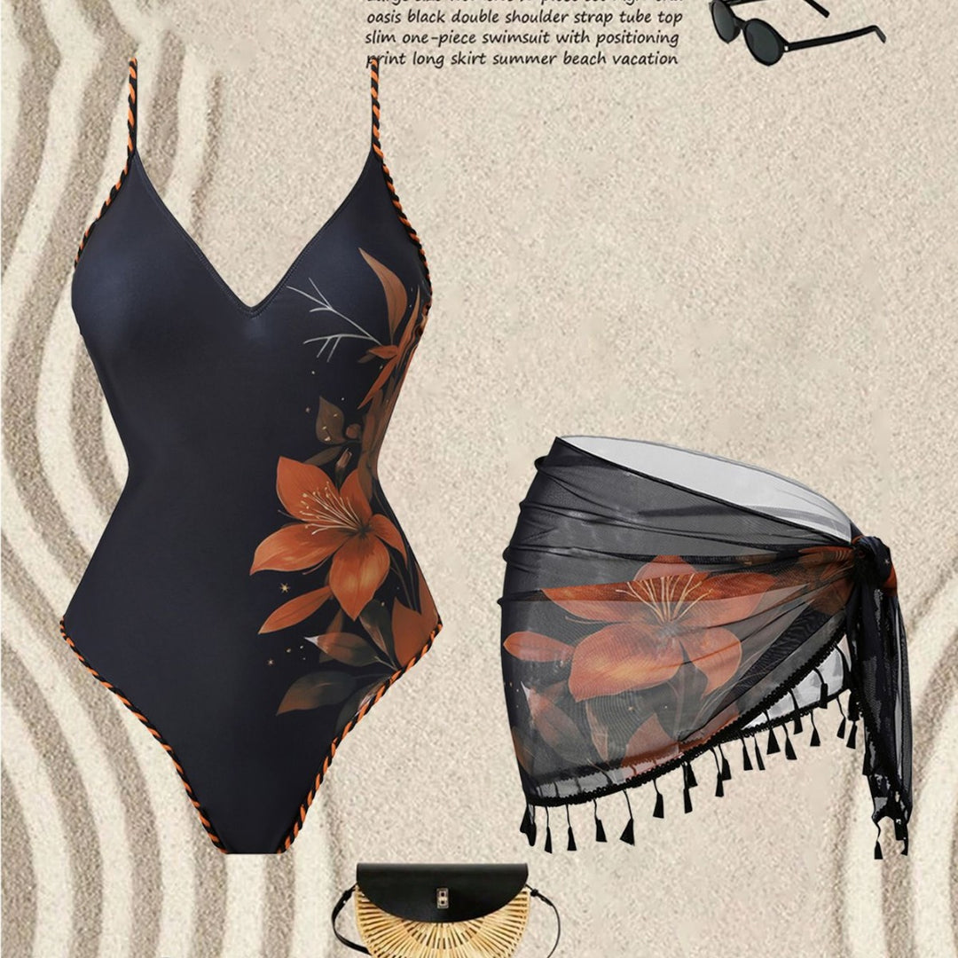 Women's Fashion Swimsuit with Floral Design and Transparent Wrap Skirt Mune Fashion