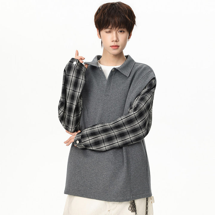 Unisex Oversize Sweater with Polo Collar and Checked Sleeve Construction Mune Fashion