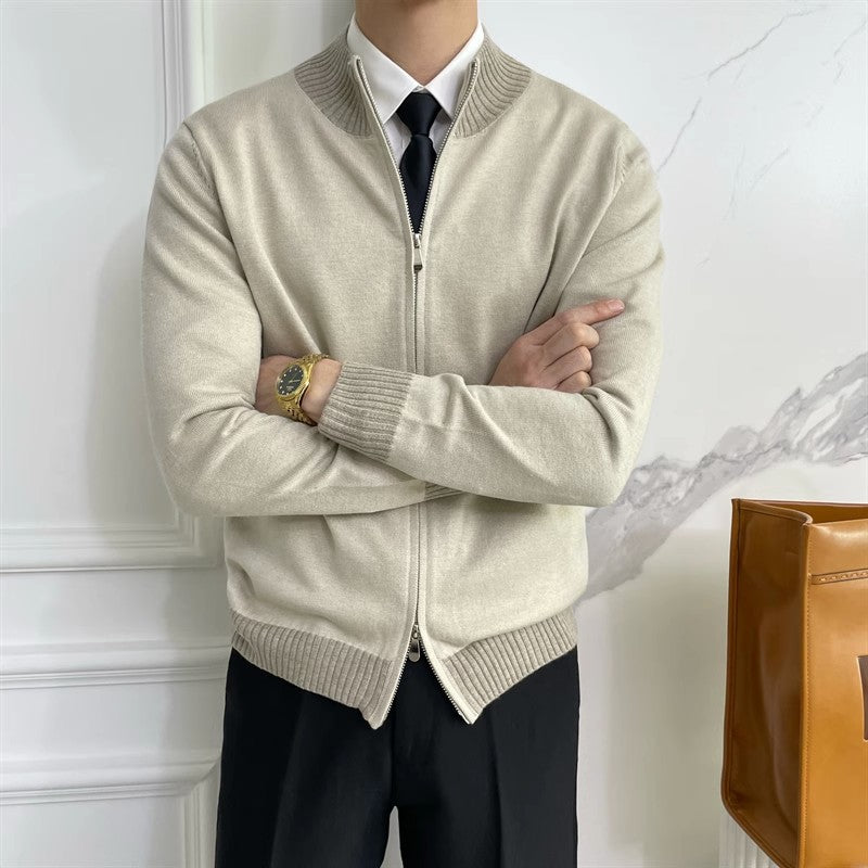 Men's zip fine knit cardigan with standing collar and ribbed hem Mune Fashion