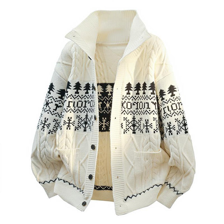 Women's knitted Norwegian cardigan with stand-up collar, cable pattern, and patch pockets Mune Fashion