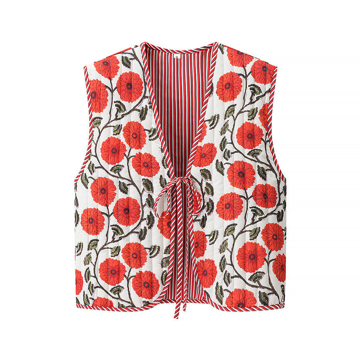 Women's Quilted Vest with Ties, diamond quilting and striped design Mune Fashion