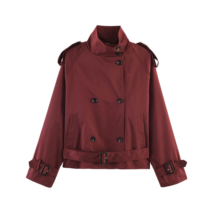Women's cropped trench coat with standing collar double button placket and waist belt Mune Fashion