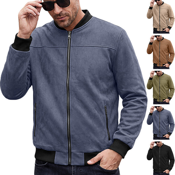 Men's Suede Look Bomber Jacket with Ribbed Cuffs and Zipper Pockets Mune Fashion