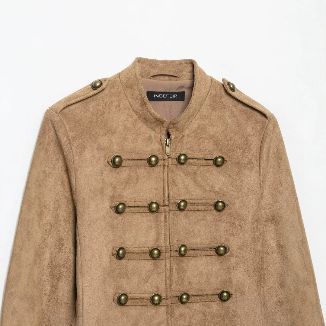 Women’s short military-style jacket made of velour imitation with stand-up collar, epaulettes, and decorative button placket Mune Fashion