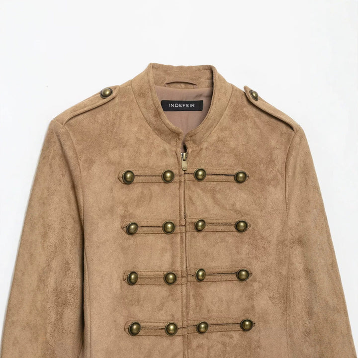 Women’s short military-style jacket made of velour imitation with stand-up collar, epaulettes, and decorative button placket Mune Fashion