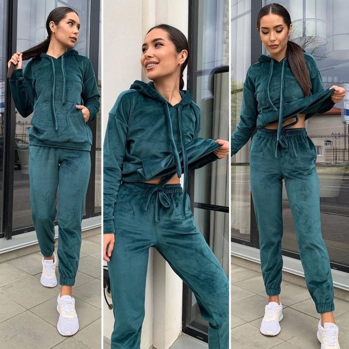 Women's Velvet Loungewear Set with Cropped Hoodie and Drawstring Joggers Mune Fashion