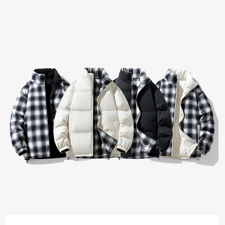 Unisex Padded Transition Jacket with Checked Lining and Stand-Up Collar Drune