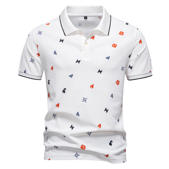 Men's short-sleeved pique polo shirt with geometric all-over print, kent collar, and contrast trim Mune Fashion