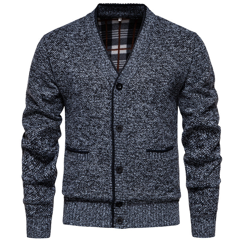 Men's Structured V-Neck Knit Cardigan with Contrasting Edge and Checked Lining Mune Fashion