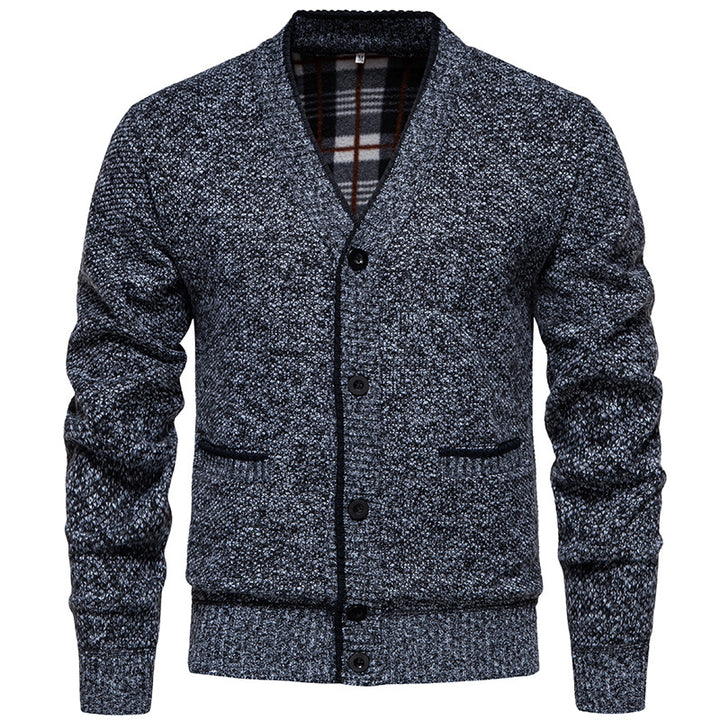Men's Structured V-Neck Knit Cardigan with Contrasting Edge and Checked Lining Mune Fashion