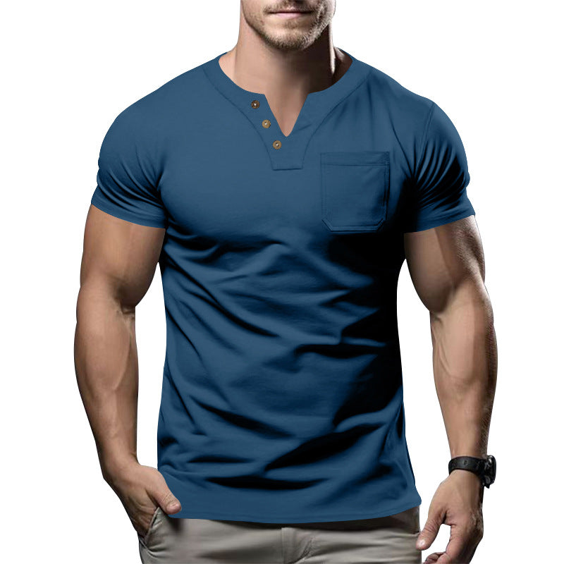 Men's body-hugging cotton stretch short-sleeve shirt with split V-neck, decorative button placket, and chest pocket Mune Fashion