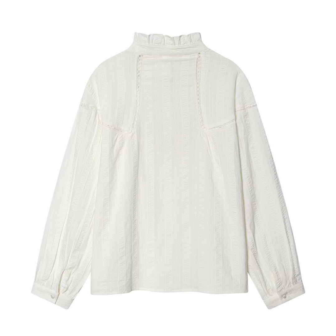 Women's Loose Vintage Blouse with Stand-up Collar, Lace Inserts and Balloon Sleeves Mune Fashion