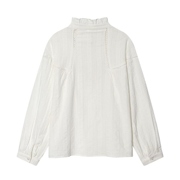 Women's Loose Vintage Blouse with Stand-up Collar, Lace Inserts and Balloon Sleeves Mune Fashion