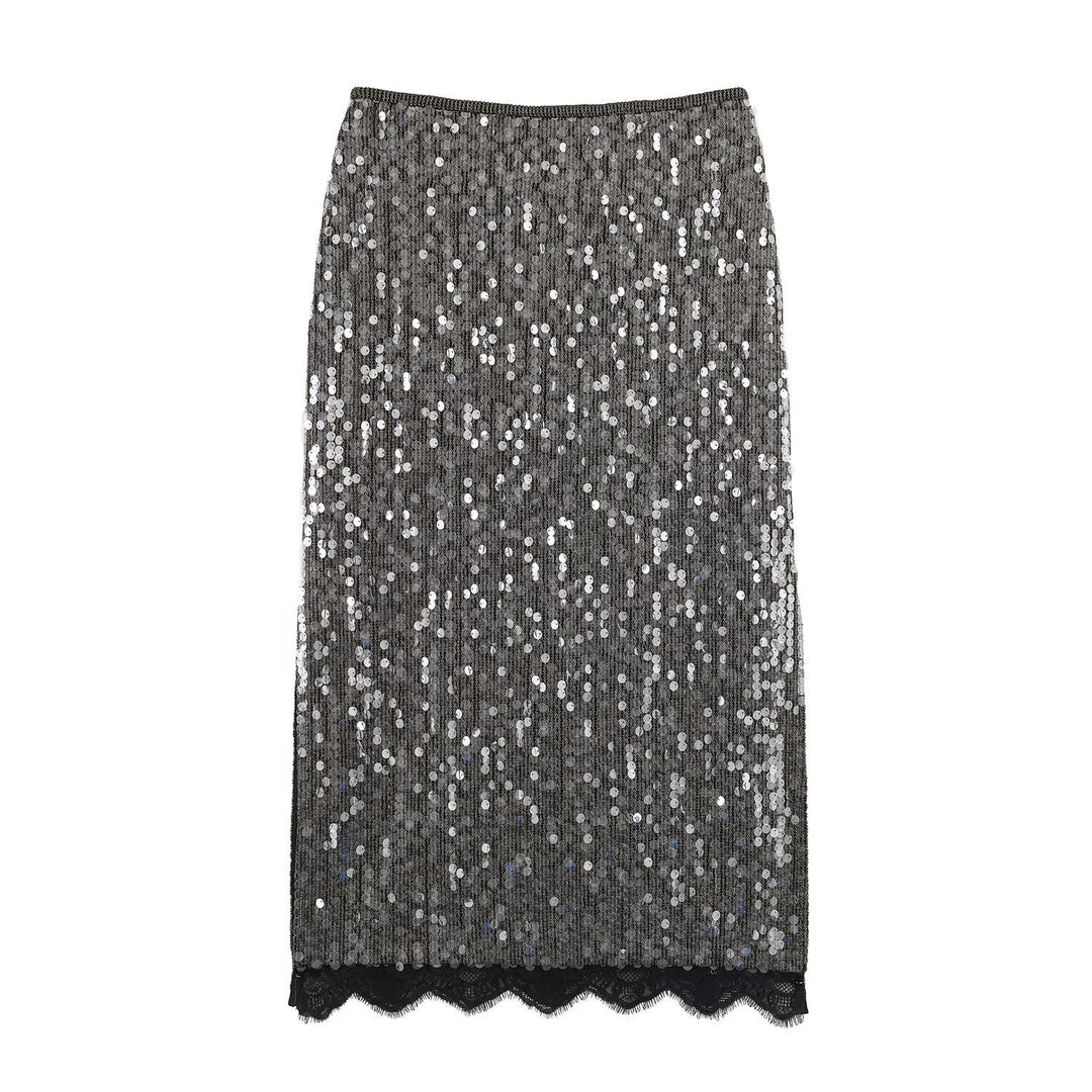 Women's sequined pencil skirt with elastic waistband and lace trim Mune Fashion
