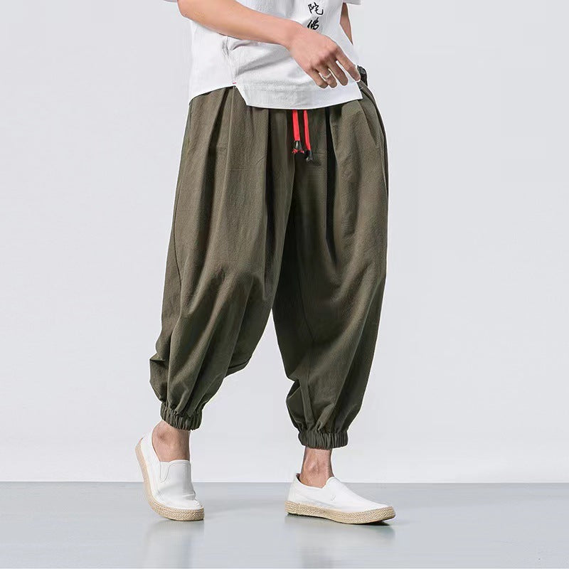 Men's loose harem pants with drawstring, elastic cuffs, and light cotton-linen blend Mune Fashion