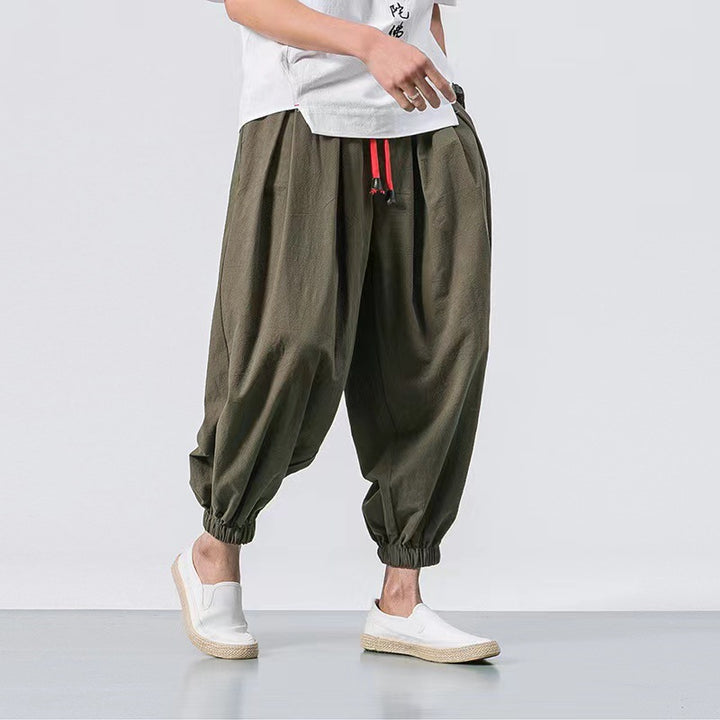 Men's loose harem pants with drawstring, elastic cuffs, and light cotton-linen blend Mune Fashion