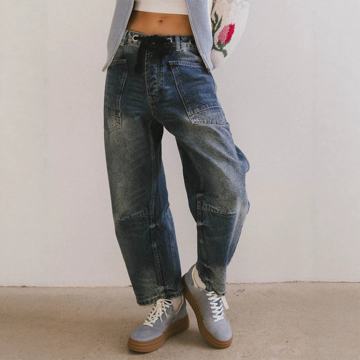Women casual cargo denim culotte with drawstring waistband and large patch pockets Mune Fashion