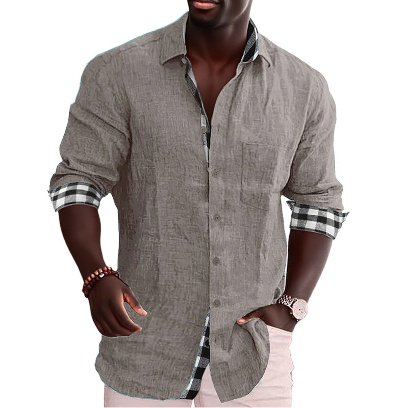 Men's linen mix casual shirt with contrasting check cuffs and a patch breast pocket Mune Fashion