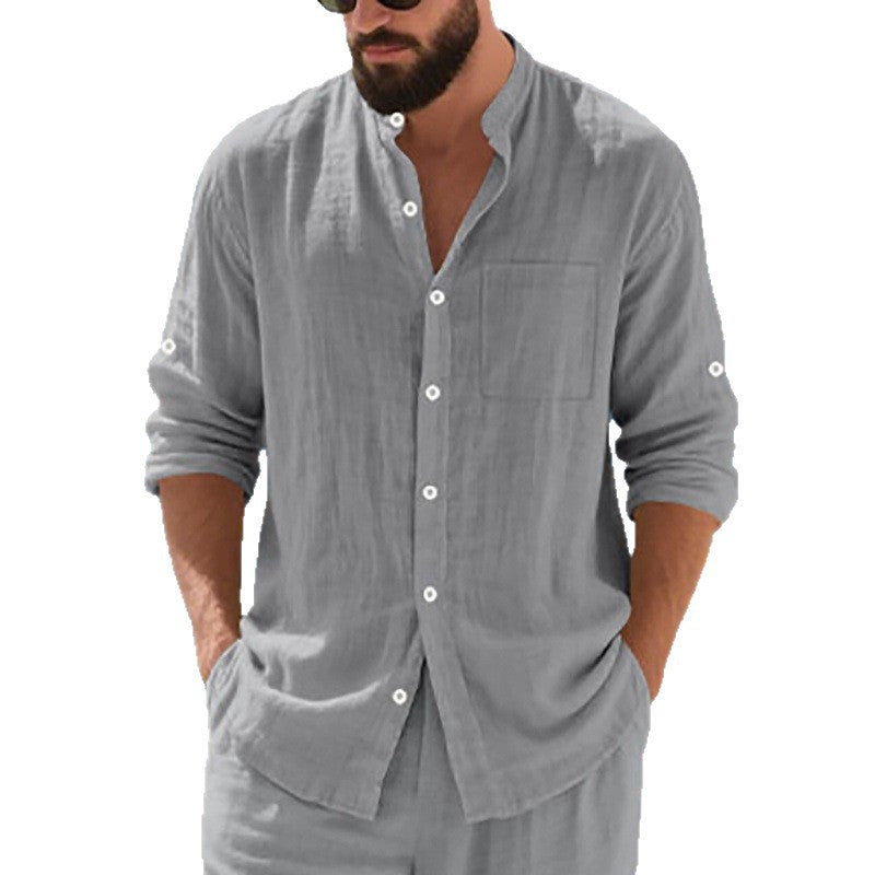 Men's airy linen shirt with stand-up collar, breast pocket, and rollable sleeves Mune Fashion
