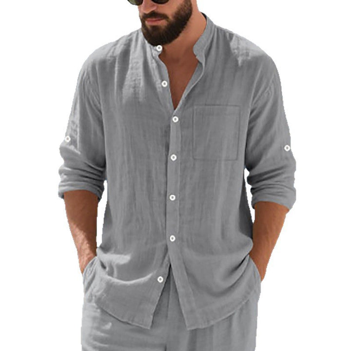 Men's airy linen shirt with stand-up collar, breast pocket, and rollable sleeves Mune Fashion