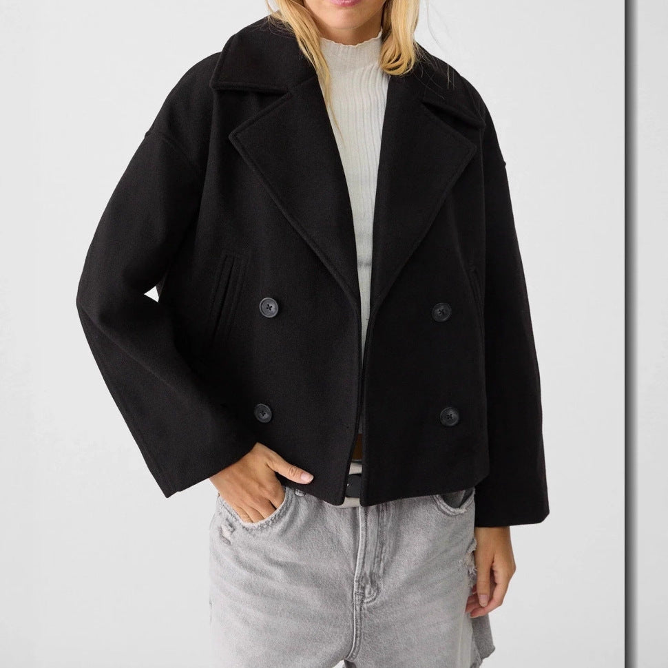 Women’s short cut double-breasted wool blend peacoat with wide lapels and boxy silhouette Mune Fashion