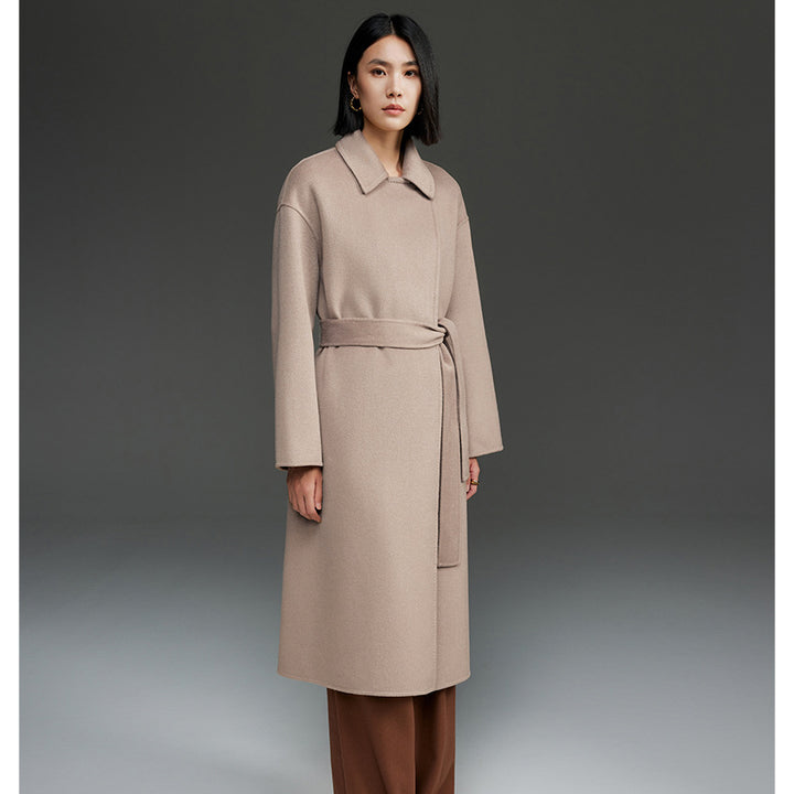 Women Straight Wool Blend Coat with Concealed Button Placket and Self-Tie Belt Mune Fashion