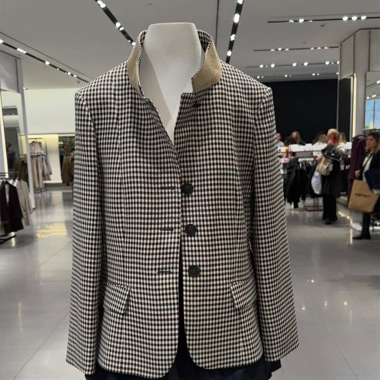Women's Tailored Short Blazer in Vichy Check with Stand Collar and Curved Hem Mune Fashion