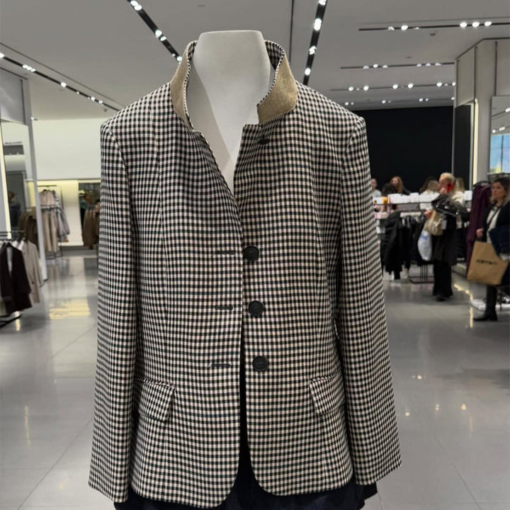 Women's Tailored Short Blazer in Vichy Check with Stand Collar and Curved Hem Mune Fashion