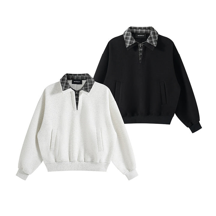 Unisex Oversized Sweatshirt with inset check shirt collar and half zipper Mune Fashion