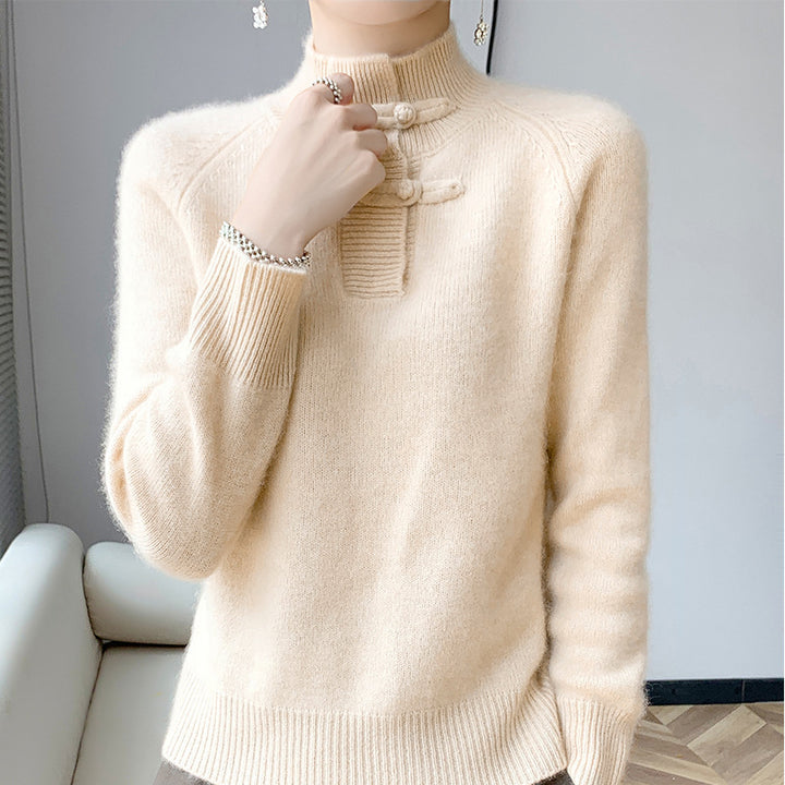 Women Cashmere-Look Mockneck Pullover with decorative KnMune Fashion button placket Mune Fashion