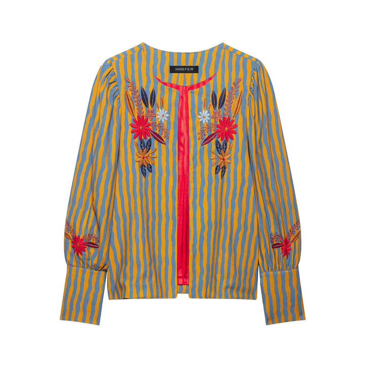 Women Striped Embroidered Blouson Jacket with Open Front and Peter Pan Collar Mune Fashion