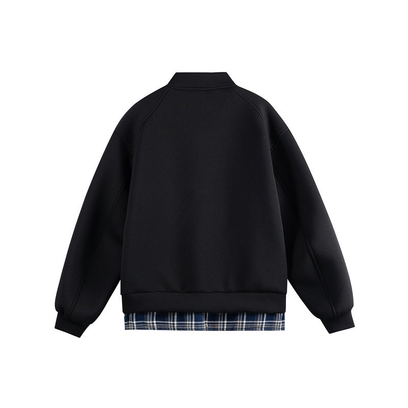 Women Two-in-One Bomber Sweat Jacket with Check Layer Insert and Stand Collar Mune Fashion