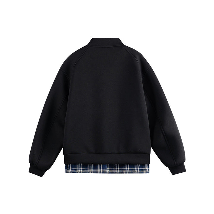 Women Two-in-One Bomber Sweat Jacket with Check Layer Insert and Stand Collar Mune Fashion