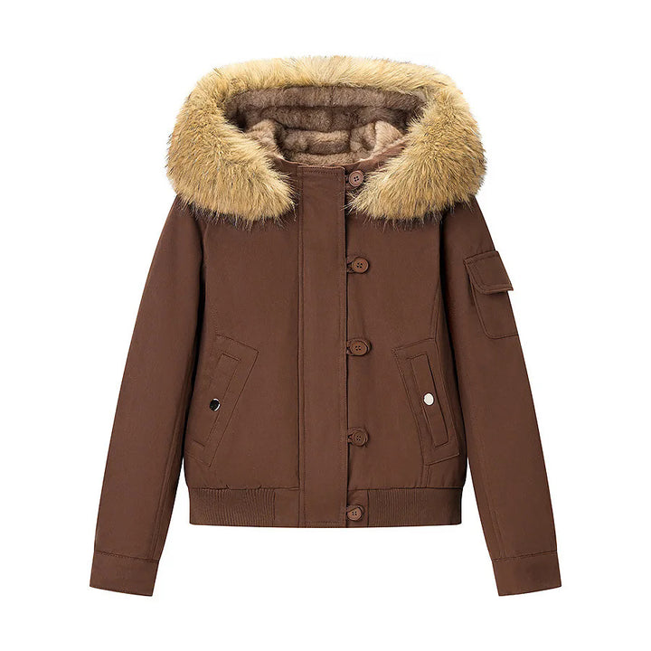 Women's short bomber jacket with faux fur hood and teddy lining Mune Fashion