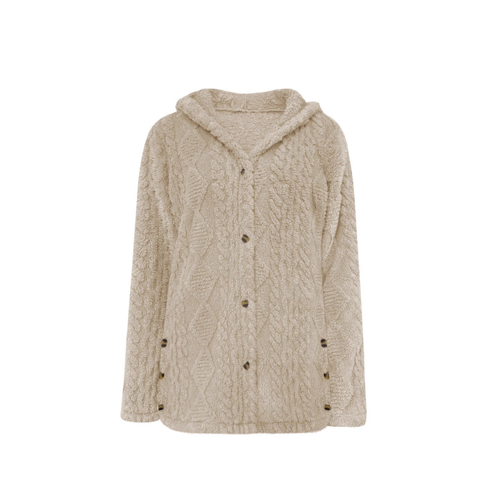 Women’s Oversized Knitted Coat with Hood, Jacquard Structure and Button Placket Mune Fashion