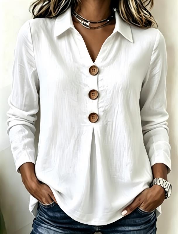 Women's Long Sleeve Shirt Blouse Top with Notched Collar and Decorative Button Placket Mune Fashion