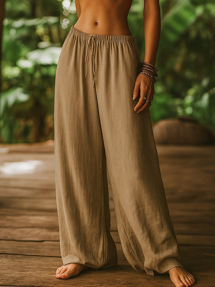 Ladies Lightweight Linen Pants with Wide Legs and Drawstring Mune Fashion