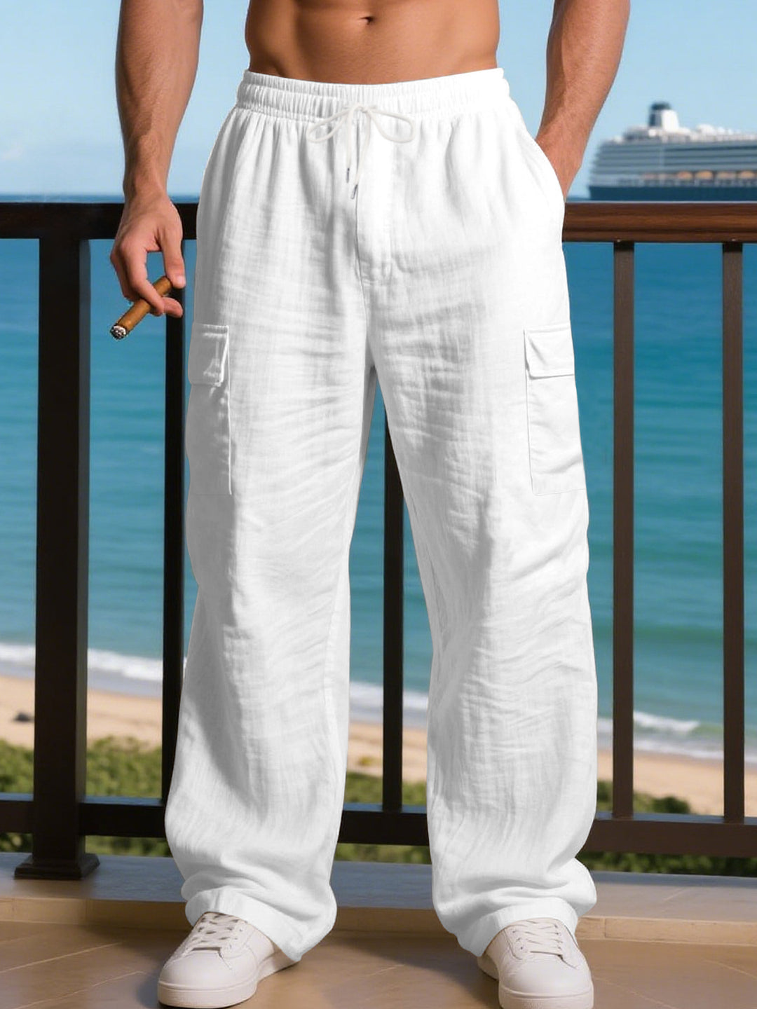 Men's Loose Linen Cargo Casual Pants with Drawstring Waist and Side Patch Pockets Mune Fashion