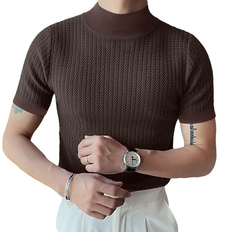 Men's short-sleeve stand-up collar fine knit shirt with fine ribbed structure Mune Fashion