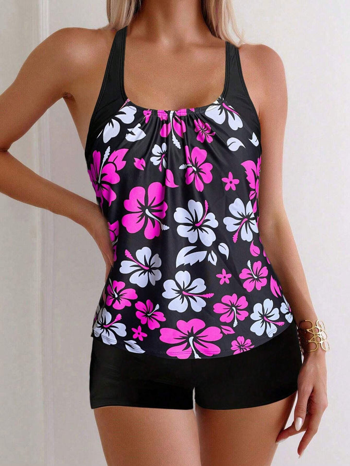 Women's Sporty Tankini Set with Floral Accents Mune Fashion