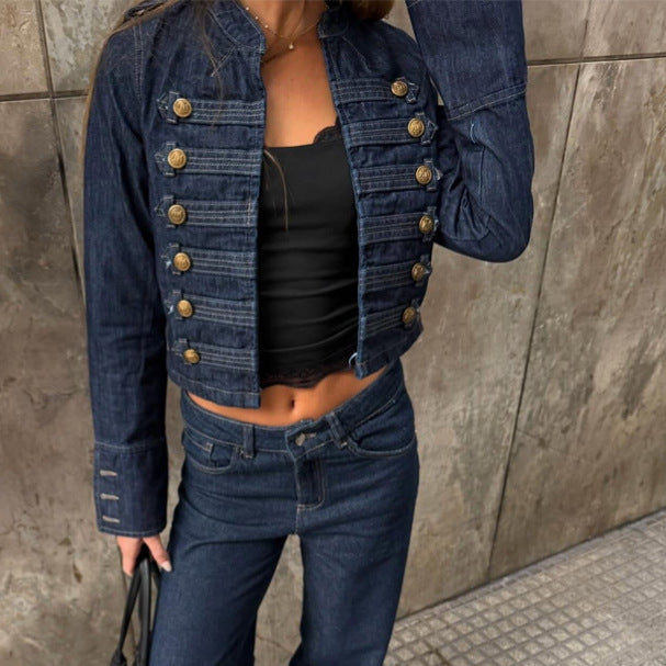 Ladies military-inspired tailored short jacket with decorative pleats and metal buttons Mune Fashion